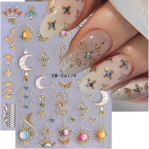 lbgwp60-2 Pièces Autocollants Nail Art, Soleil Et Lune, En Relief 5D, Style Bohème, Lignes Dorées, Autocollants Auto-Adhésifs, Décorations Pour Ongles - Neuf