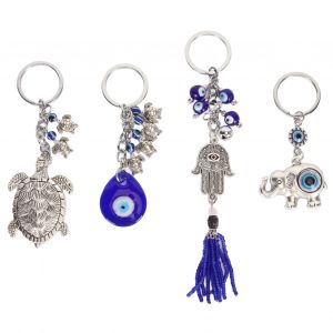 Lot de 4 porte-cles oil bleu, porte-bonheur, universel, main d'elephant, tortue, pour femmes et hommes, usage quotidien - Neuf