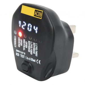 XYONG Testeur de prise numerique AC09E avec retroeclairage, detecteur de tension, disjoncteur differentiel, disjoncteur de fuite a la terre, detecteur de phase, Royaume-Uni, AC48-250 V - Neuf