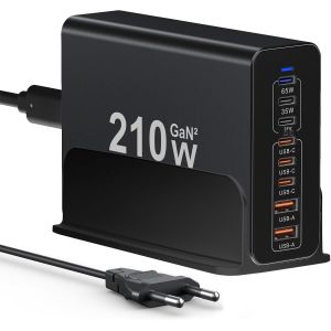 Usb C Charger, 210w Usbc Power Supply 8 Ports Gan Pd 3.0 Fast Charging, Usb-C Multi-Charger Adapter Compatible With Iphone 12/13/14/15 Series/Macbook Pro/Air/Samsung Galaxy S23/S22/S21(Black) - Neuf