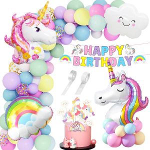 Unicorn Birthday Decoration, Giant Unicorn Foil Balloons, Helium Clouds, Latex Macaron Balloon With Unicorn Banner, Unicorn Theme Balloons For Girls Birthday Party - Neuf