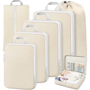 nzqaf-Organisateur Valise 7 Pièces,Rangement Valise Organisateur,Sac à Chaussures, Sac de Maquillage-Compression Packing Cubes pour Vacances, Voyages, Beige - Neuf