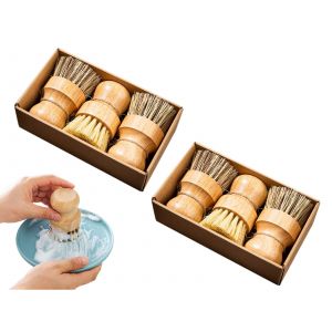 Ensemble De 3 Mini Brosses &Agrave; Vaisselle En Bambou Avec Poils Souples Et Durs - Neuf