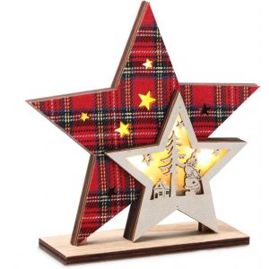 Kal-® Étoile Led Comme Éclairage Décoratif - Étoile Lumineuse Comme Décoration - Étoile De Noël En Bois - Éclairage Led Comme Lumière D'ambiance (Etoile - Damier Rouge) - Neuf