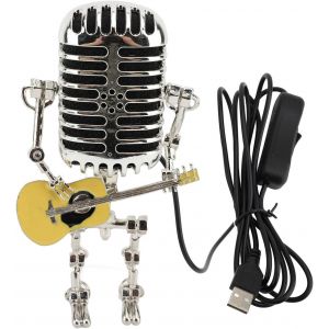 Kal-Microphone Vintage Guitare Robot Lampe, Rétro Métal Robot Lumière En Aluminium, Lampe De Table À Led Robot Avec Mini Guitare, Métal Veilleuse Vintage Lumière Décor À La Maison (Jaune) - Neuf
