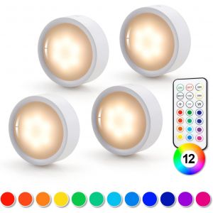 Spot Led Sans Fil, Dimmable 4 Couleurs Lampe Placard A Pile Avec Telecommande, Eclairage Batterie Armoire Lumiere Cuisine Sous Meuble, Veilleuse Réglable Led Pour Vitrine Chambre Escalier (4Pcs) - Neuf