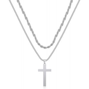 Trahoo-Collier Croix Homme, Argent Acier Inoxydable Pendentif Croix Avec Chaîne Bijoux Chretienne Catholique Croix Pour Homme - Neuf