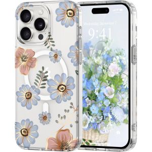 Trahoo-Coque Magn&eacute;tique Florale Pour Iphone 15 Pro Max [Compatible Avec Magsafe], Coque De Transparente Anti-Jaunissement, Joli Motif Floral Anti-Rayures, Protection Tpu Pour Filles Et Femmes-Bleu - Neuf