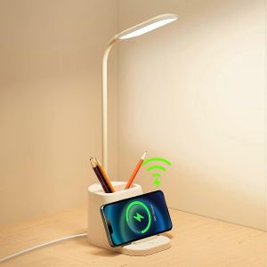 Lampe De Bureau Led Avec Recharge Sans Fil,3 Couleurs À Gradation En Continu,Lampe De Table Porte-Stylo À Commande Tactile Dimmable,360 Flexible Col De Cygne Chevet - Neuf