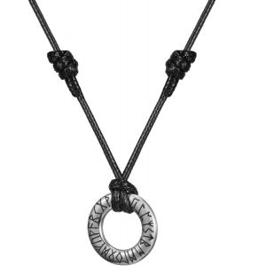 Kal-Collier Viking Runique Homme Nordique Viking Runes Acier Inoxydable Anneau Cercle Talisman Or Argent Noir Avec Cha&icirc;ne Cuir Noir Collier Homme Cadeau Bijoux Longueur R&eacute;glable 36cm-60cm - Neuf