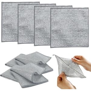 KGABERY-Lot De 4 Chiffons De Nettoyage Double Couche En Acier Inoxydable Anti-Rayures Avec Trou De Suspension Pour Évier De Cuisine,Cuisinière,Lave-Vaisselle-20x20 Cm - Neuf