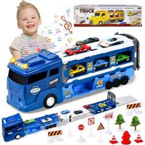 KAJGL-Camion Transporteur Voiture,Camion Wheels Transporteur,Transporteur Voiture Jouet Set,Avec Lumières Et Sons Comme,Pistes Pliables Avec Éjecteurs Et 6 Mini Voitures,Cadeau Pour 3 4 5 6+Ans - Neuf