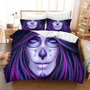 Parure De Lit Tendance Motif T&ecirc;te De Mort, Jaune, Violet Et Bleu, 3 Pieces (1 Housse De Couette + 2 Taies D'oreiller 50 X 75 Cm) - Neuf