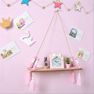&Eacute;tag&egrave;res Murale Suspendue En Bois Avec Perles Et Gland, &Eacute;tag&egrave;res De Rangement Style Nordique, &Eacute;tag&egrave;res Flottantes En Bois Avec Corde Et Crochets Pour D&eacute;coration Murale, Rose - Neuf