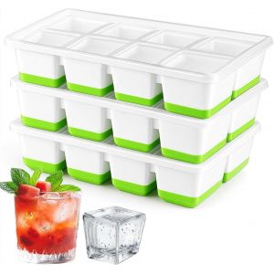 Mevronisshop-Grand Bac &Agrave; Glacon, Lot De 3 Bacs &Agrave; Gla&ccedil;ons En Silicone Avec Couvercle, Sans Bpa - Empilable Moule &Agrave; Gla&ccedil;ons Pour 24 Gros Gla&ccedil;ons, Id&eacute;al Pour Cocktails, Whisky, Jus (Couleur Vert) - Neuf