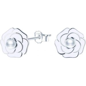 Kal-Argent 925/1000 Boucles D'oreilles Cam&eacute;lia Fleur Pour Femme Fille, Boucles D'oreilles &Agrave; Tiger Fleurs En &Eacute;mail Blanc Et Perle Clous D'oreilles Hypoallerg&eacute;niques Bijoux Femme - Neuf