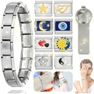 Kalsw-10 Pièces En Acier Inoxydable Pour De Bracelet De Charme Italien,Fait Main Breloques Italiennes Bracelet,Amovible Breloques En Acier Inoxydable Bracelet (Avec 3 Outils D'épissure) - Neuf