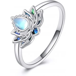 Yemaesre-Bague Lotus En Argent Sterling 925 Avec Pierre De Lune Et Fleur De Lotus - Cadeau Inspirant Pour Le Yoga - Cadeau Pour Femmes Et Hommes - Neuf
