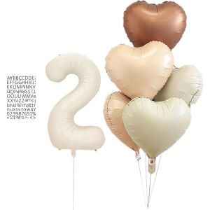 Xl 80Cm Ballon Chiffre 2 Cr&egrave;me Avec 5Pcs Coeur Ballon Helium Coeur Pour Anniversaire Mariage D&eacute;coration Avec Stickers Lettres Num&eacute;riques Noires - Neuf