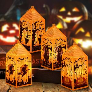 Cauc-4 Pi&egrave;ces Lanterne Halloween, Lanternes D&eacute;coratives Avec Citrouilles, Sorci&egrave;res, Squelettes Et &Eacute;pouvantails, Halloween Decoracion Pour Int&eacute;rieur Exterior - Neuf