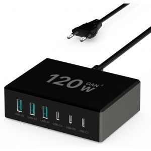Chenquansarl-Chargeur Usb C 120w Gan, Chargeur Usb Multiple 3usb-C + 3usb-A Chargeur Pd, Station De Charge Usb C 6 Ports Compatible Avec Iphone/Samsung/Google/Tablet/Mobil Power Et Autres Appareils U - Neuf