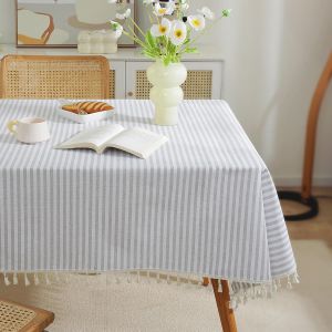 Nappe Ray&eacute;e Table Cloth Rectangulaire Avec Pompons, Nappes Lavables Linge De Table D&eacute;coratif Pour Cuisine, Salle &Agrave; Manger Et Tabletop Tablecloth (Gris Et Blanc,90x90cm) - Neuf