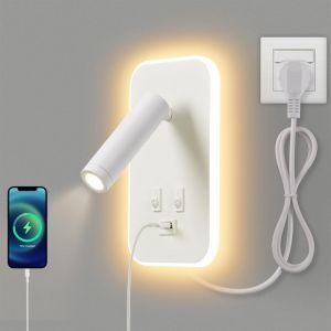 Applique Murale Led,Liseuse De Chevet Avec Interrupteur,Port De Charge Usb,Éclairage D'ambiance Réglable Pour Chambre À Coucher (Lumière Naturelle 3w+Lumière Chaude 9w) Avec Fiche Câble,Blanc - Neuf