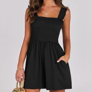 Jumpsuit Femme Été Couleur Unie Encolure Carrée Sans Manches Combinaison À Large Dos Nu Casual Smocked Rompers Avec Poches Pour Yoga Sport Workout - Neuf