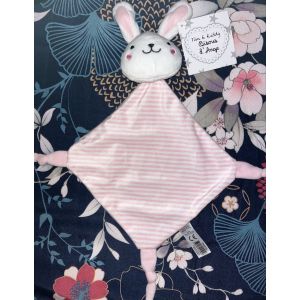 Doudou lapin ray&eacute; rose blanc Tom & Kiddy Bisous d&rsquo;ange grelot hochet peluche b&eacute;b&eacute; soft toy bunny strip pink White comforter rabbit - Neuf