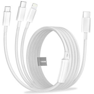 KALANKA-3 en 1 Cable Multi Chargeur 1.2M, PD 100W Universel C&acirc;ble USB C Charge Rapide avec Cable iPhone Lightning/Micro USB/C&acirc;ble Type C pour Apple iPhone 17 16 15 14 13 12 X,Android,Samsung,Galaxy,L - Neuf