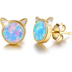 Bijoux Femme, Boucles D'oreilles Femme Chat Opale En Argent Plaqué Or 18 Carats Chat Mignon Avec Boucles D'oreilles En Pierre Naturelle Pour Les Filles - Neuf
