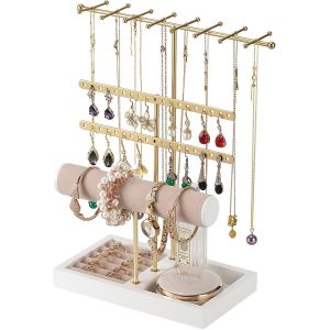 Présentoir À Bijoux,Presentoir Boucle D'oreille Avec Base En Bois,Avec 38 Trous,Porte Bijoux Femme Pour Colliers,Bracelets,Boucles D`Oreilles,Pinces,Bagues (B) - Neuf