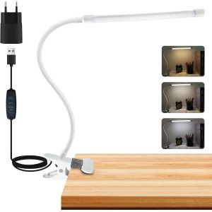 Fabur-8w Usb Lampe De Bureau Avec Pince, Dimmable Lampe De Lecture À Pince, 3 Couleurs Et 10 Intensité, Flexible Led Lampe Col De Cygne, Clip Lampe Manucure De Table, Lampe De Dessin, Blanche - Neuf