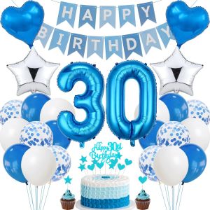 Cauc-Décoration D'anniversaire 30e Anniversaire, Décoration De Gâteau Bleu Anniversaire 30 Ans Hommes Décoration De Fête Argentée, 30 Ans Femmes Hommes Décoration De Gâteau 30e Anniversaire Homme Fem - Neuf