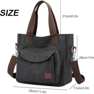 Sac fourre-tout en toile pour femme (noir), sac à bandoulière vintage en toile, sac de travail multi-poches avec poignée supérieure - Neuf