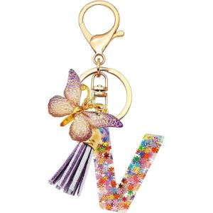 Kal-Porte-Cl&eacute;s Initiales Pour Filles Et Femmes, Rose, Violet, Flocon De Neige, Paillettes, Gouttes De Cristal, Jolis Papillons, D&eacute;coration De Cartable, Cl&eacute;s De Voiture, De Sac, Lettres - Neuf