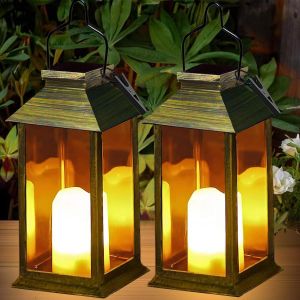 Lanterne Solaire Exterieur 2 Pi&egrave;ces Lampe Solaire Avec Bougie Vacillante, Lampe De Table Solaire Ip44 &Eacute;tanche Suspension Solaire Exterieur A Poser Pour Balcon Jardin Terrasse Deco - Neuf