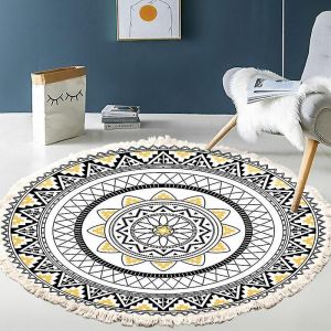 Tapis Rond À Franges, Tapis Rond En Coton Lavable Et Antidérapant, Petit Tapis Rond Tissé Pour Balcon Chambre Enfant (Tapis Rond 60 Cm) - Neuf