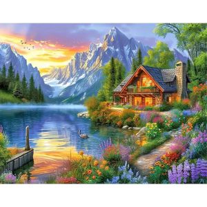 Ayuhr-50 X 40 Cm Pierres Carrées Diamond Painting Maison Lavande Diamond Painting Montagnes Paysage Coucher De Soleil Mosaïque Diamant Peinture Art Broderie Point De Croix Images Cadeau Décoration - Neuf