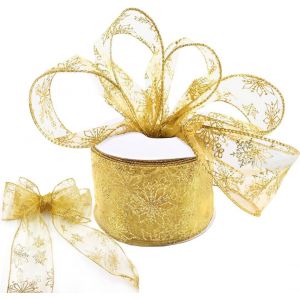 Kal-Ruban De Noël Pour Sapin,Organza Flocon De Neige Guirlande Rubans À Bords Métalliques Pour La Décoration De Noel Emballage Cadeau Les Travaux Manuels, 30 Feet, Doré - Neuf