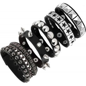 Kal-5 Pièces Bracelet Cuir Homme Bracelet Cuir Femme Réglable Punk Rock En Noir Années 80 Rivets Bracelets Multicouches Adapté Aux Fêtes, Halloween, Concerts, Cosplay, Etc. - Neuf