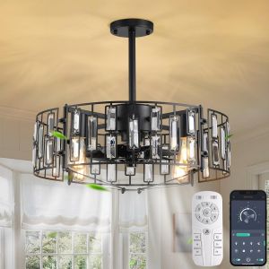 Subzonal-Ventilateur De Plafond Fandelier Avec Lumières Suspension En Cristal 50 Cm Lustre Moderne 6 Vitesses De Vent Avec Télécommande Pour Chambre À Coucher Noir 4 Lumières - Neuf