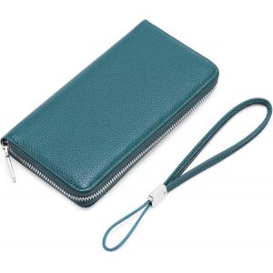 Women's Leather Wallet, Large Capacity, RFID Blocking Wallet, with 12 Card Slots, Zip Closure and Checkbook Wallets, A05-Blue, Stylish - Neuf