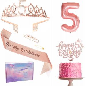 LETNERNY-D&eacute;corations D'Anniversaire Pour Fille En Or Rose Pour 5 Ans, Ensemble &Eacute;charpe Et Couronne, Couronne, D&eacute;corations De G&acirc;teaux, Ballons En Aluminium Num&eacute;ro 5, Bougies, Cadeaux D'Anniversaire Po - Neuf