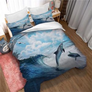 Parure De Lit Motif Dauphin Sautant Avec Taies D'oreiller Assorties, Housse De Protection De Couette Garantie 120 Fils, Collection De Literie Haut De Gamme, Extra Douce - Neuf