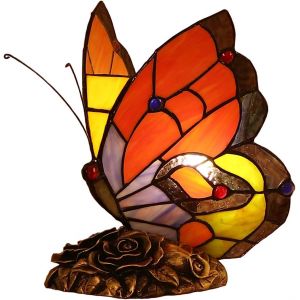 L30038 8 pouces Papillon Style Tiffany Vitrail Accent Lampe de table Veilleuse pour table de chevet de salon chambre table basse, 9 pouces de hauteur - Neuf