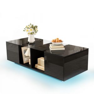 Table basale en noir avec eclairage LED et plateau laque brillant, 120x50x38,5 cm - Neuf