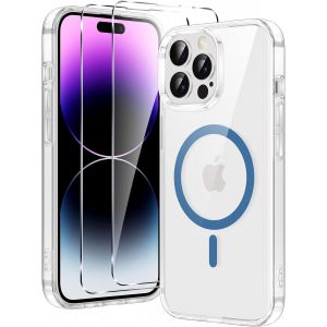 Maa-Magnétique Coque Pour Iphone 14 Pro Max Avec 2 Pièces Verre Trempés, Compatible Avec Magsafe, Anti Rayures Antichoc Tpu Bumper Housse Etui, Étui De Protection-Transparent (Bleu) - Neuf
