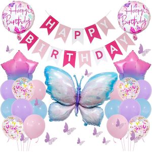 37Pcs Papillon Princesse Set Ballon F&ecirc;te, Fille Anniversaire Papillons F&ecirc;te D&eacute;coration, Banni&egrave;re Ballon G&acirc;teau Topper D&eacute;coration Pour Papillon Anniversaire D&eacute;coration - Neuf