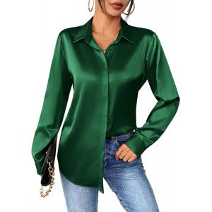 Utigh-Chemisier Femme Satin À Col En V La Soie Élégante Blouse Chic Manches Longues Chemise Boutons Ample À Manches Longues Chemisier De Soirée Business Top - Neuf